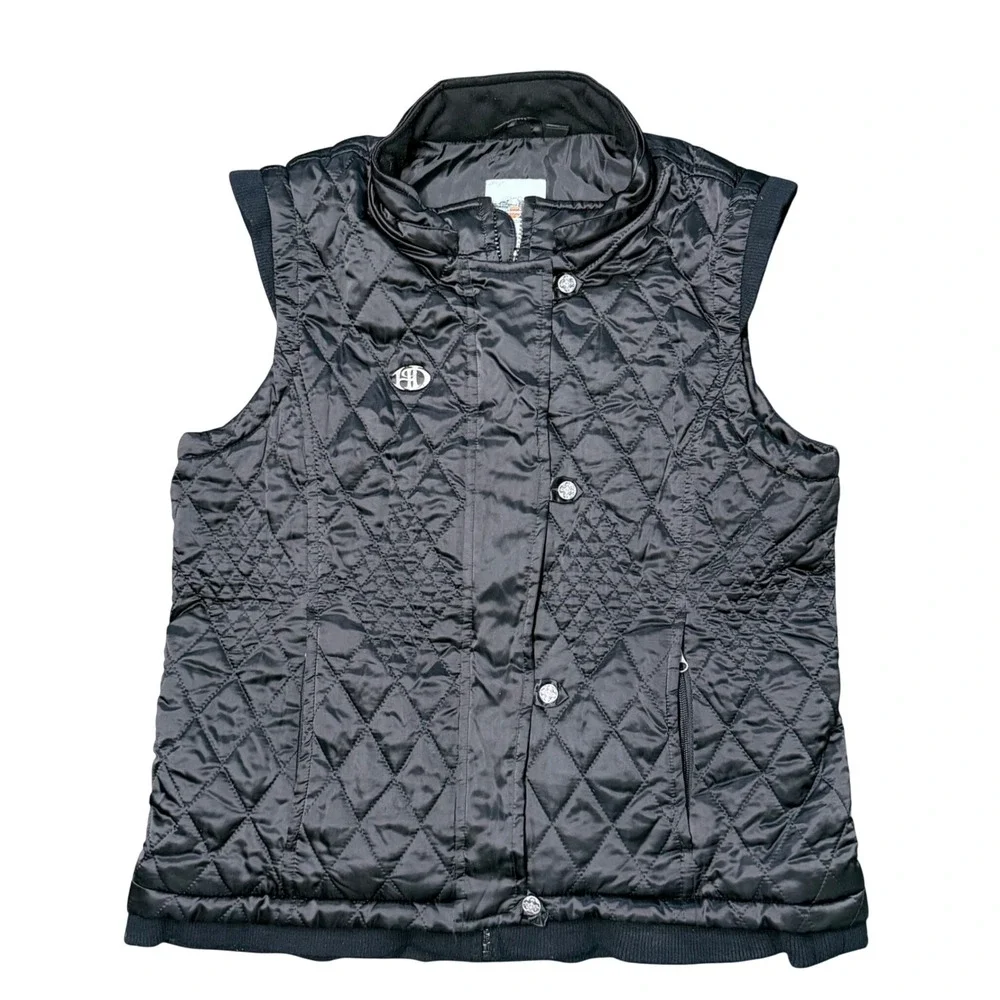 Harley Davidson Quilted Vest Women XL  Black Moto Biker Satin Riding logo Y2K‎